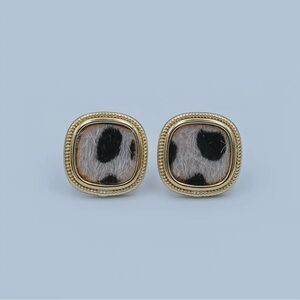 Animal Faux Fur Leopard Square Stud Earrings Gold Bezel Statement Studs NWT